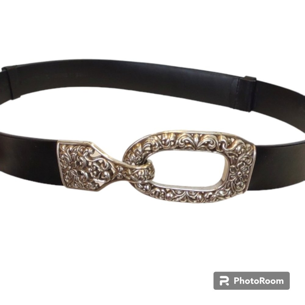 Black Leather Belt with Ornate Silver Buckle